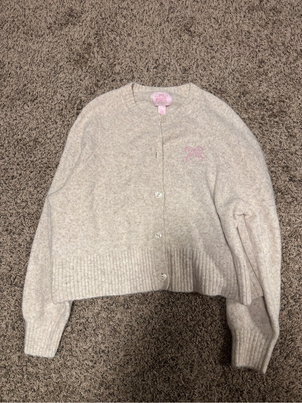 PINK Victoria's Secret Cream Crewneck Cardigan with Pink Bow Logo